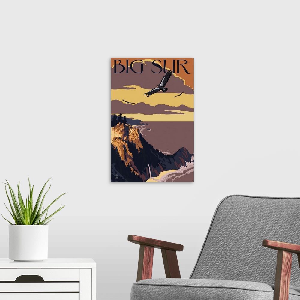 A modern room featuring Retro stylized art poster of a beach cliff landscape scene at sunset where vultures circle overhead.