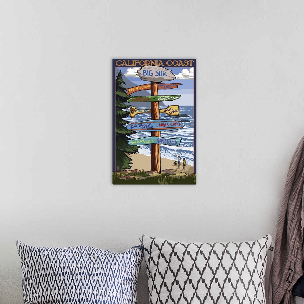 A bohemian room featuring Big Sur, California - Destination Sign: Retro Travel Poster