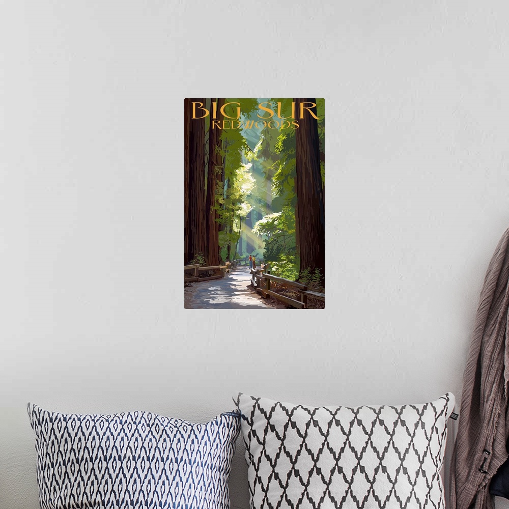 A bohemian room featuring Retro stylized art poster of a pathway through giant redwood trees.