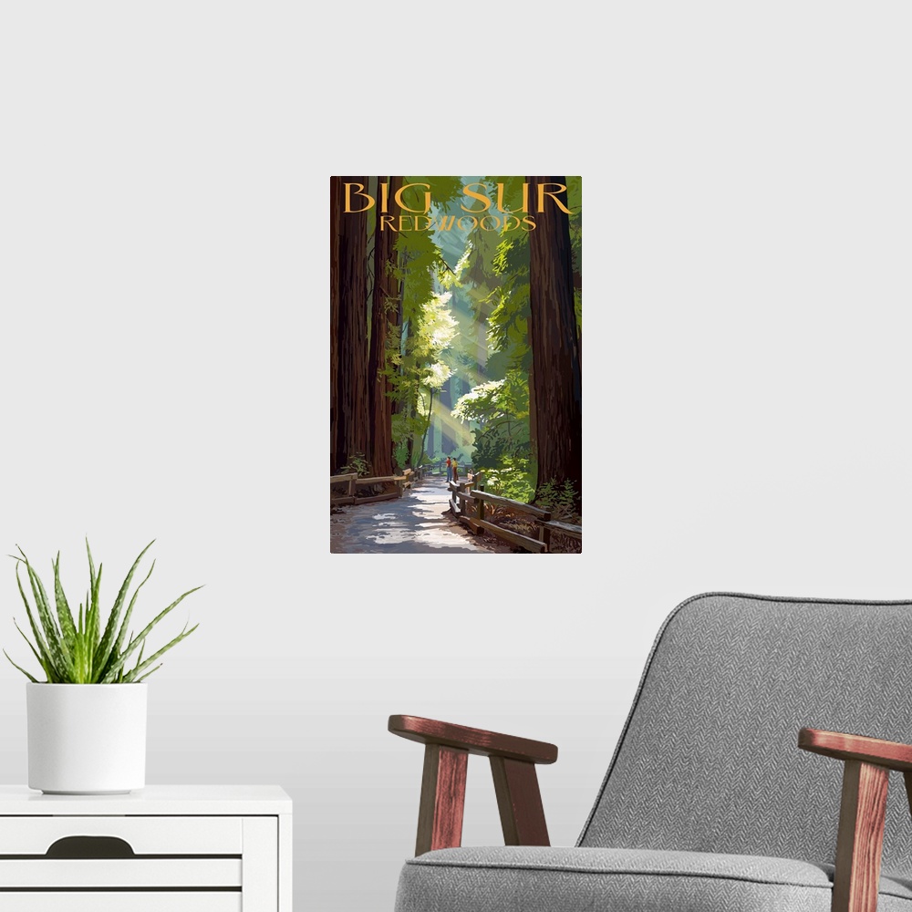 A modern room featuring Retro stylized art poster of a pathway through giant redwood trees.