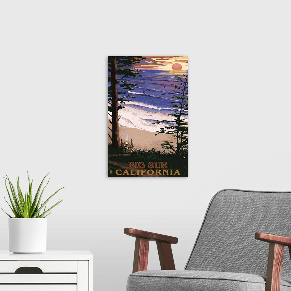A modern room featuring Big Sur, California Surfing and Sunset: Retro Travel Poster