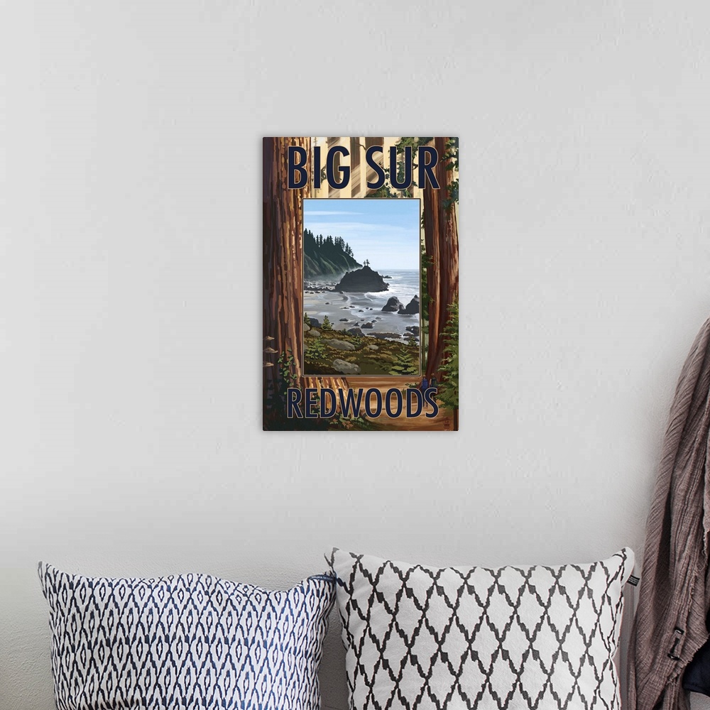 A bohemian room featuring Retro stylized art poster of beach viewed through massive redwood trees.