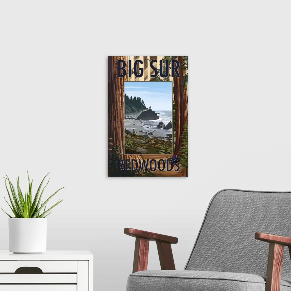A modern room featuring Retro stylized art poster of beach viewed through massive redwood trees.