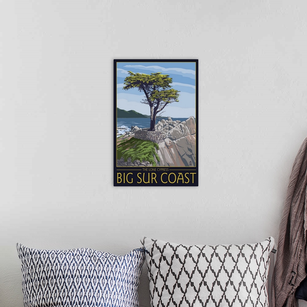 A bohemian room featuring Big Sur Coast, California - Lone Cypress Tree: Retro Travel Poster