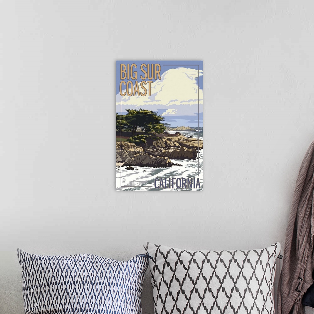 A bohemian room featuring Big Sur Coast, California - View of Cypress Trees: Retro Travel Poster