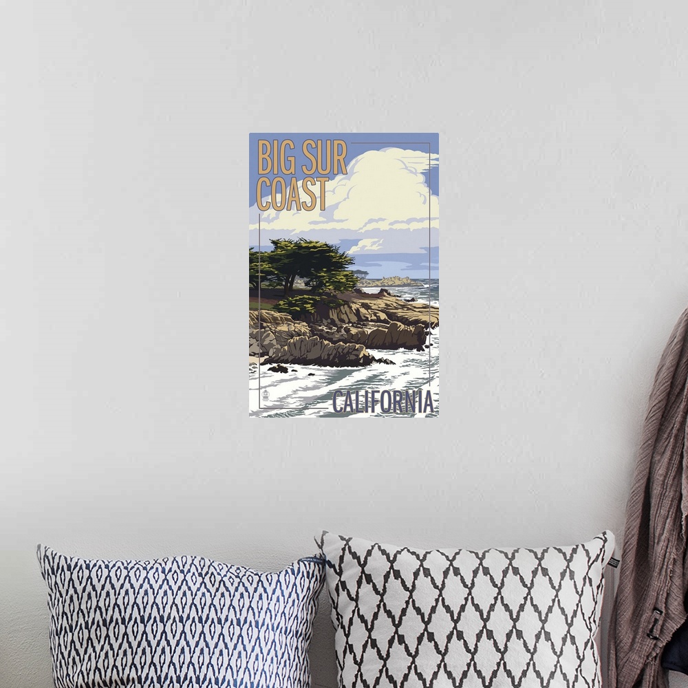 A bohemian room featuring Big Sur Coast, California - View of Cypress Trees: Retro Travel Poster