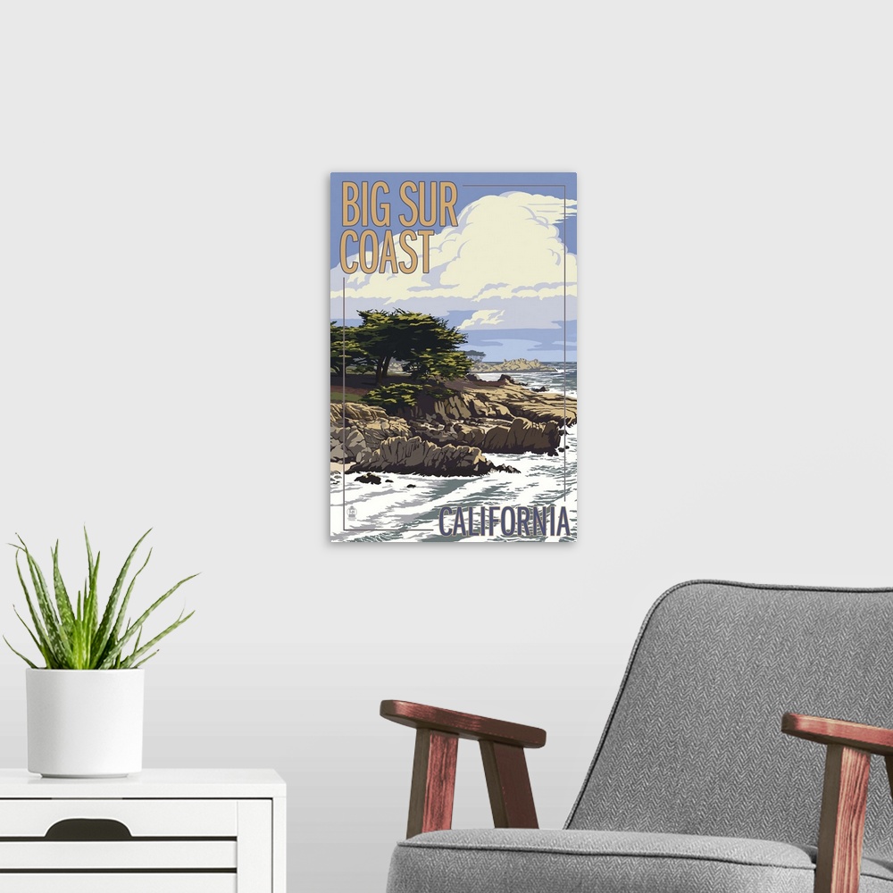A modern room featuring Big Sur Coast, California - View of Cypress Trees: Retro Travel Poster