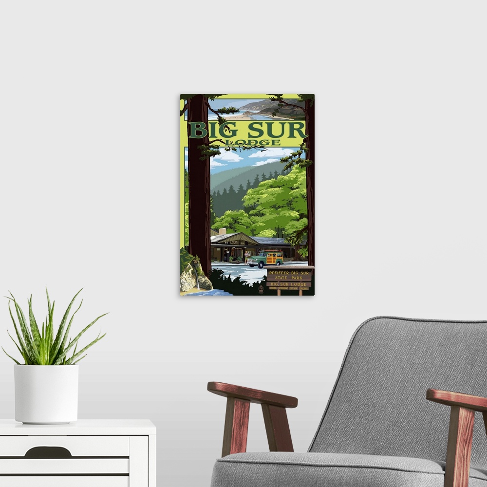 A modern room featuring Big Sur Lodge, California: Retro Travel Poster