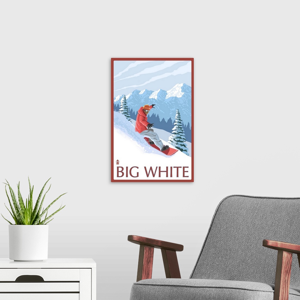 A modern room featuring Big White - Snowboarder: Retro Travel Poster