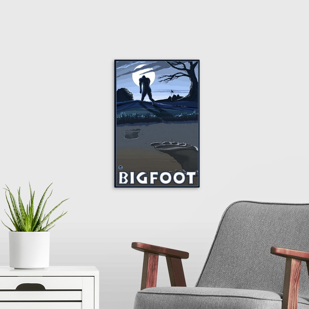 A modern room featuring Bigfoot at Night: Retro Poster