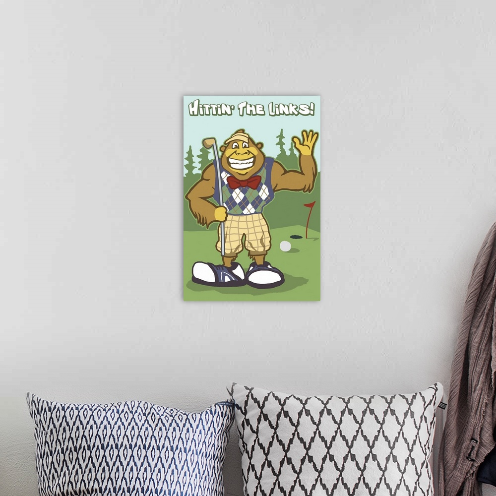 A bohemian room featuring Bigfoot Golfer: Retro Travel Poster