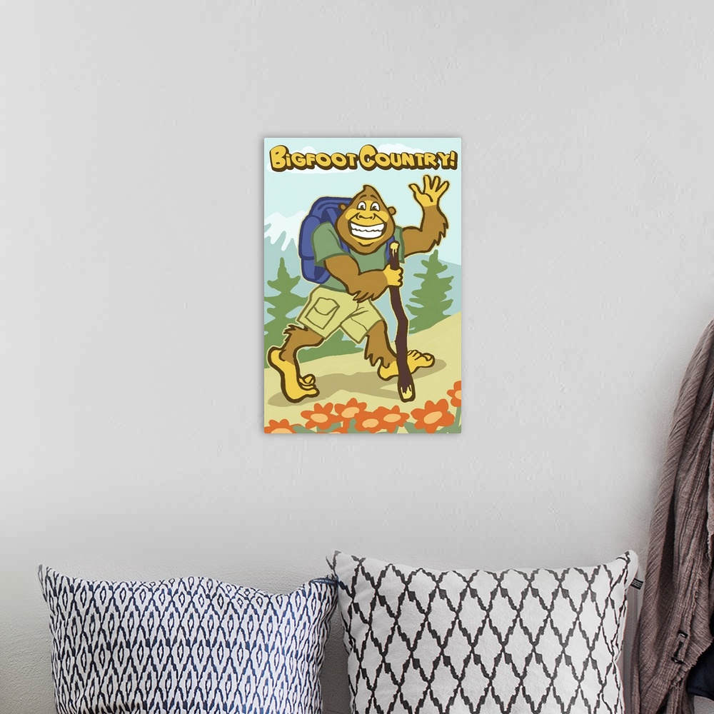 A bohemian room featuring Bigfoot Hiker: Retro Travel Poster