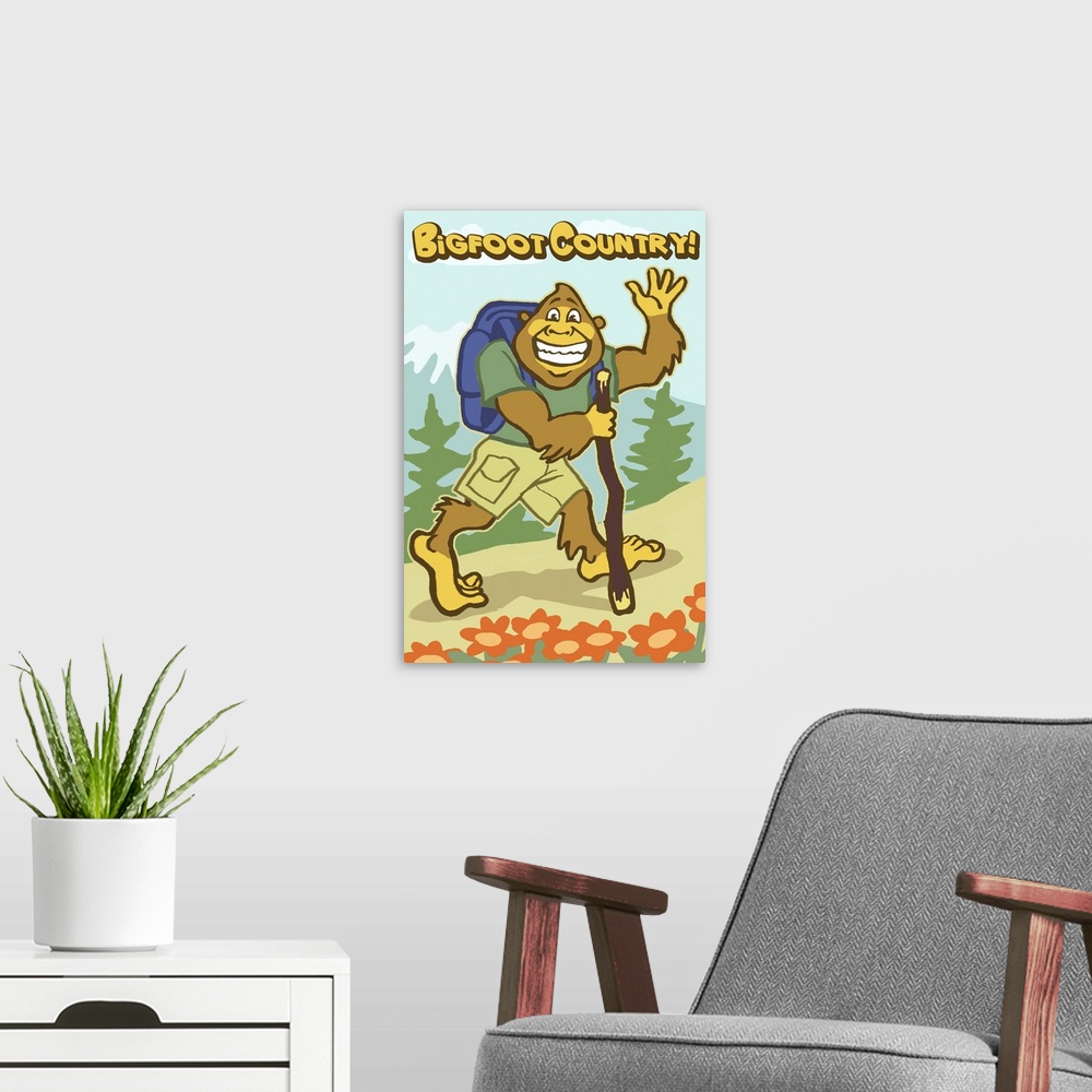 A modern room featuring Bigfoot Hiker: Retro Travel Poster