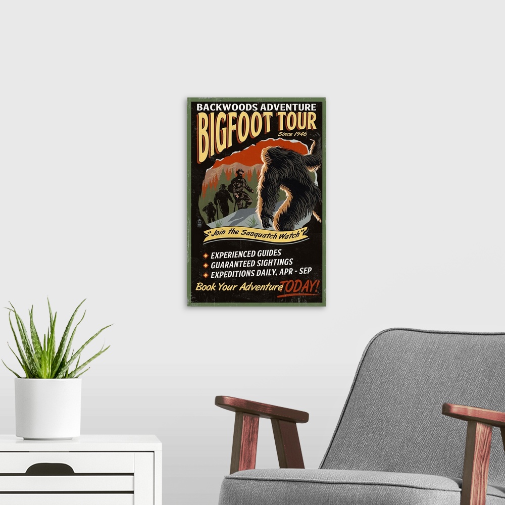 A modern room featuring Bigfoot Tours, Vintage Sign