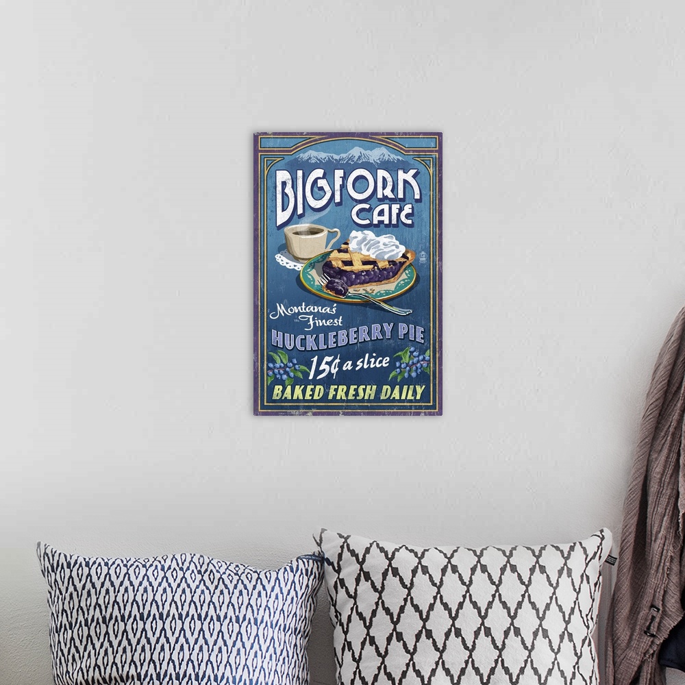 A bohemian room featuring Retro stylized art poster advertising a latice crust pie and a cup of coffee along with typograph...