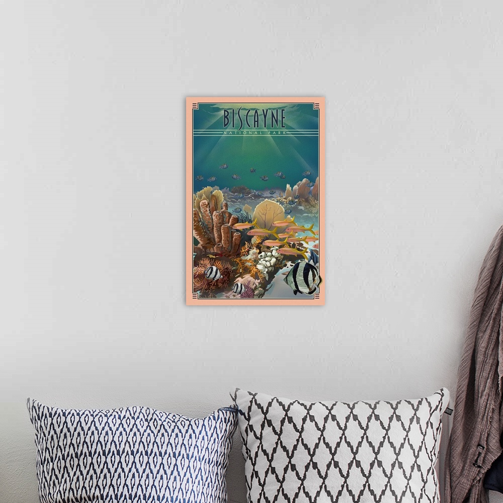 A bohemian room featuring Biscayne National Park, Underwater: Retro Travel Poster