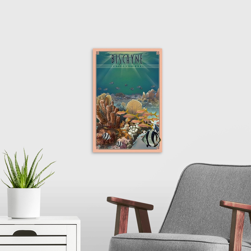 A modern room featuring Biscayne National Park, Underwater: Retro Travel Poster
