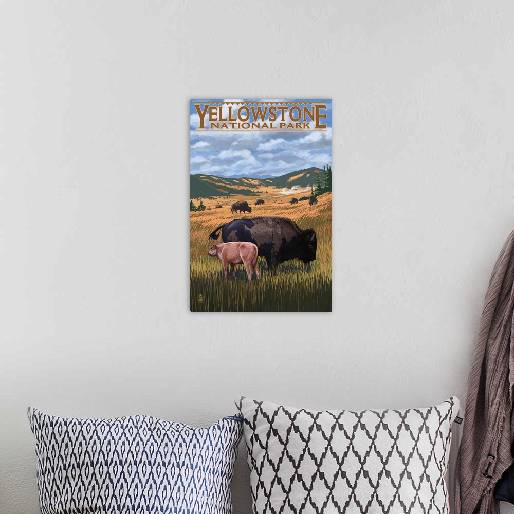 A bohemian room featuring Bison and Calf Grazing - Yellowstone National Park: Retro Travel Poster