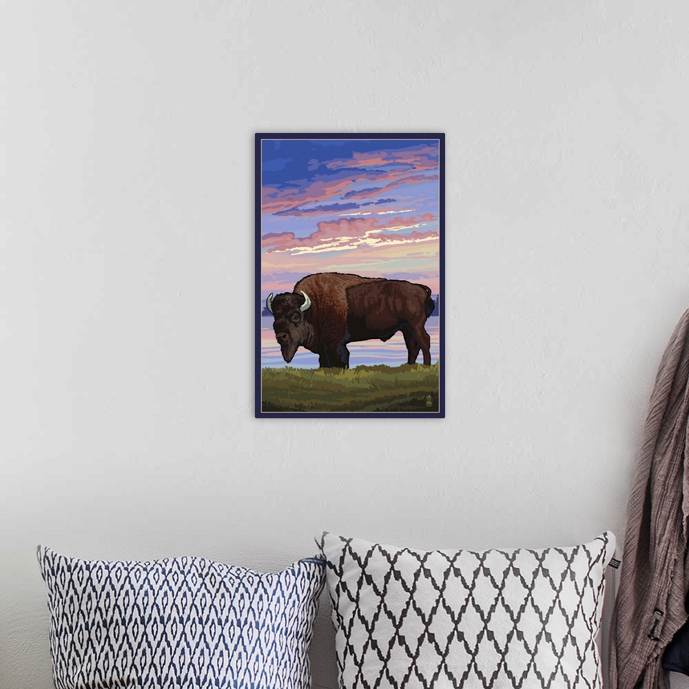 A bohemian room featuring Bison and Sunset: Retro Poster Art