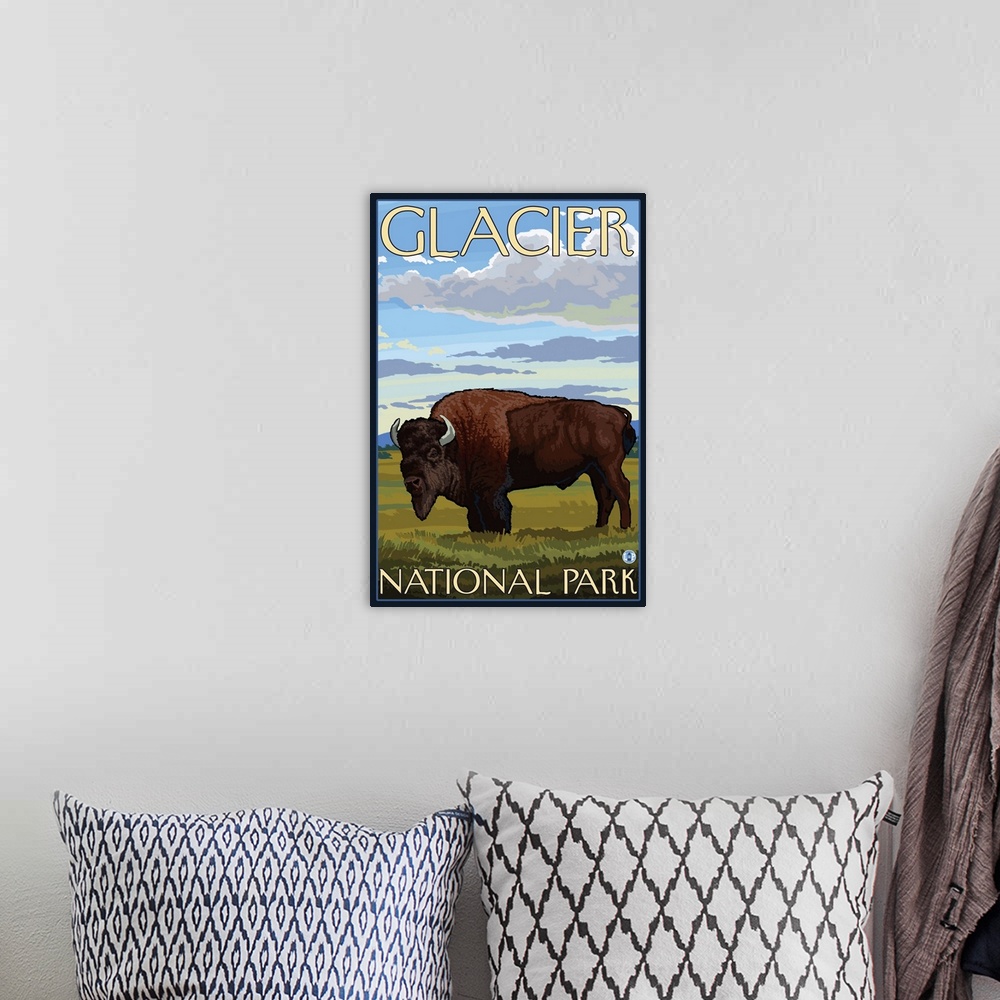 A bohemian room featuring Bison Scene - Glacier National Park, Montana: Retro Travel Poster