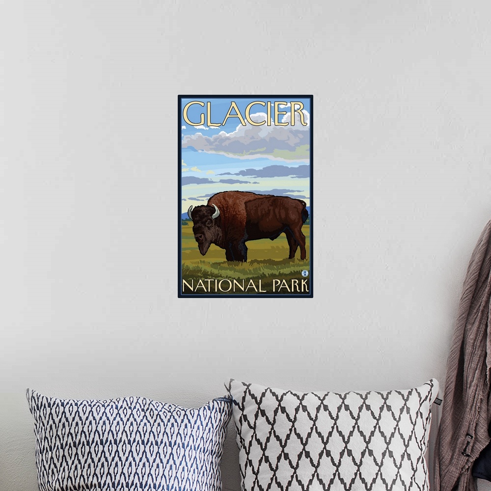 A bohemian room featuring Bison Scene - Glacier National Park, Montana: Retro Travel Poster