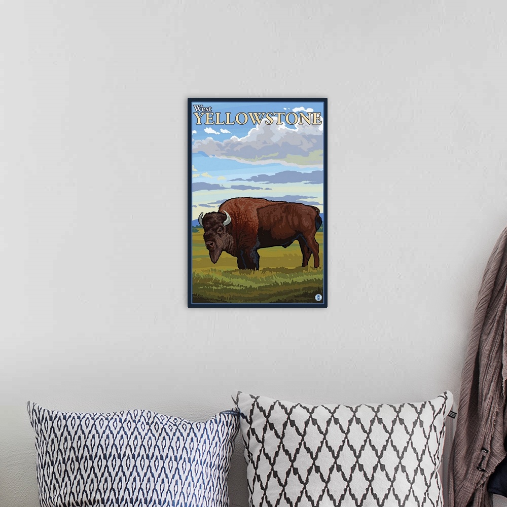 A bohemian room featuring Bison Scene - West Yellowstone, Montana: Retro Travel Poster