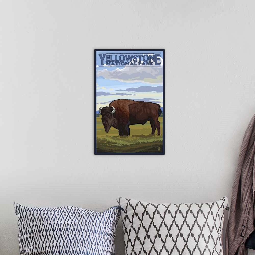 A bohemian room featuring Bison Scene - Yellowstone National Park: Retro Travel Poster
