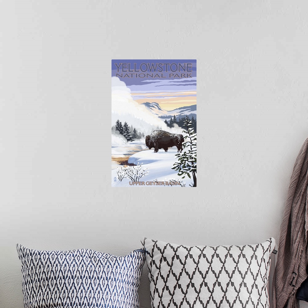 A bohemian room featuring Bison Snow Scene - Yellowstone National Park: Retro Travel Poster