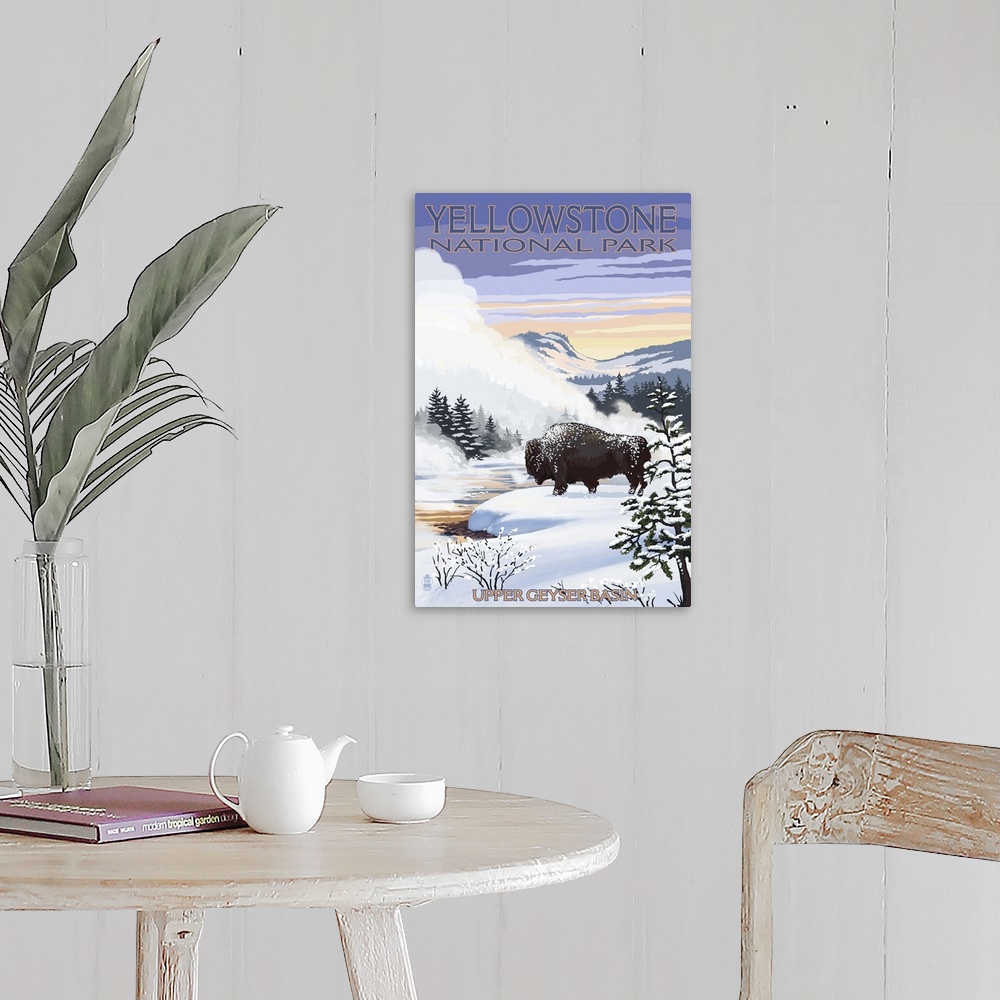 A farmhouse room featuring Bison Snow Scene - Yellowstone National Park: Retro Travel Poster
