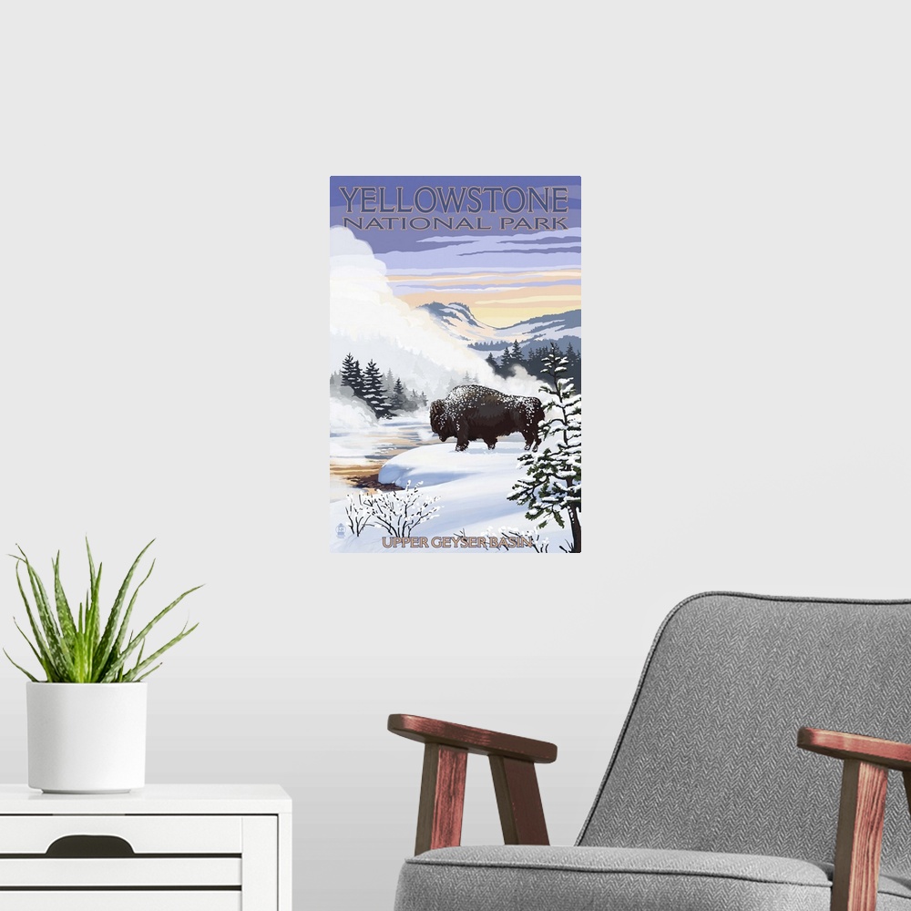 A modern room featuring Bison Snow Scene - Yellowstone National Park: Retro Travel Poster