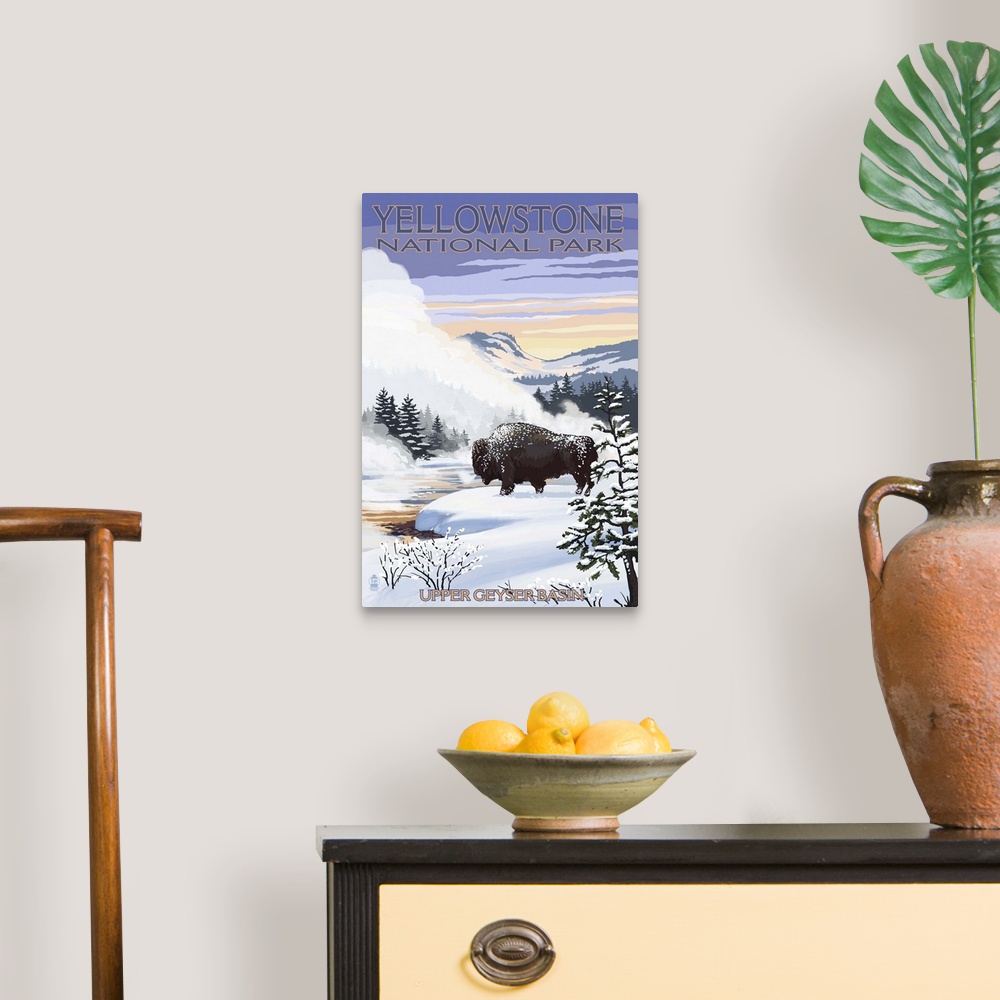 A traditional room featuring Bison Snow Scene - Yellowstone National Park: Retro Travel Poster