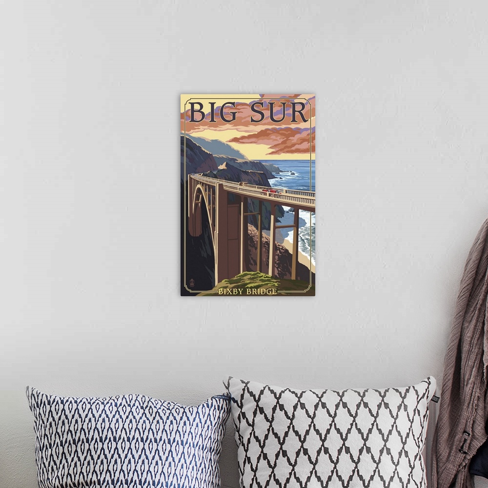 A bohemian room featuring Bixby Bridge - California Coast: Retro Travel Poster