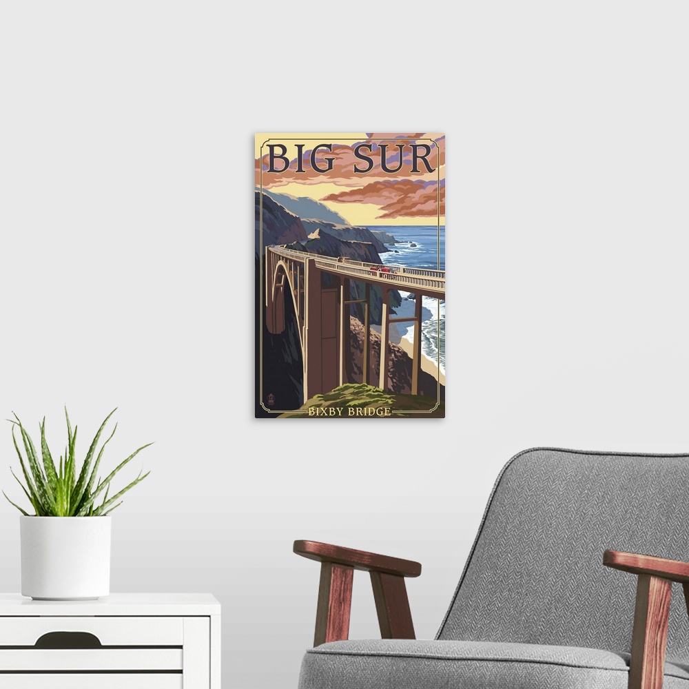 A modern room featuring Bixby Bridge - California Coast: Retro Travel Poster
