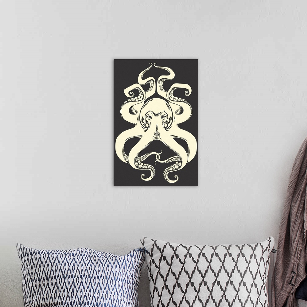 A bohemian room featuring Black and White Octopus: Retro Art Poster