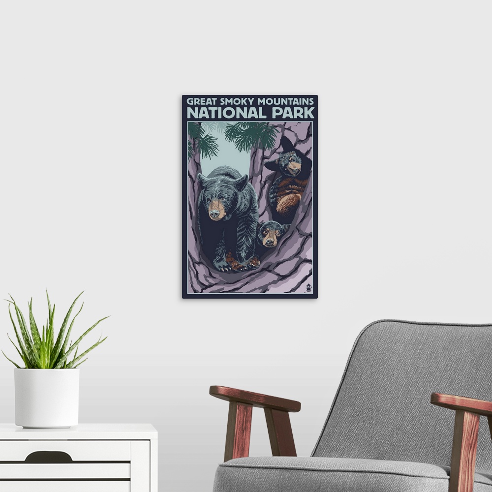 A modern room featuring Black Bear and Cubs in Tree - Great Smoky Mountains National Park: Retro Travel Poster