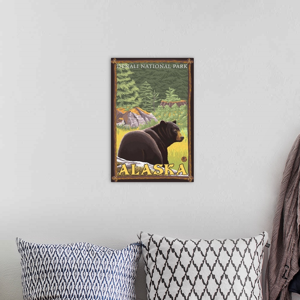 A bohemian room featuring Black Bear in Forest - Denali National Park, Alaska: Retro Travel Poster