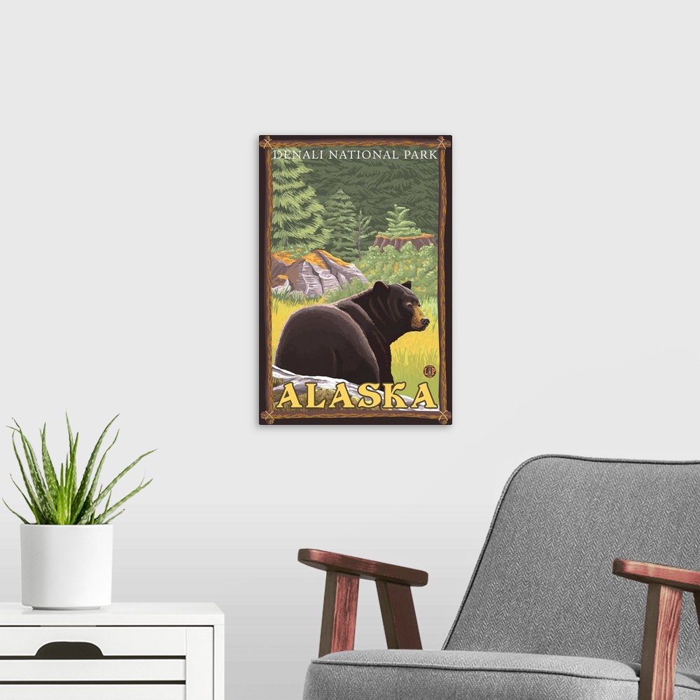 A modern room featuring Black Bear in Forest - Denali National Park, Alaska: Retro Travel Poster