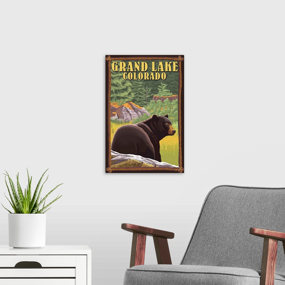 A modern room featuring Retro stylized art poster of an adult black bear standing in a clearing of a pine forest with tre...