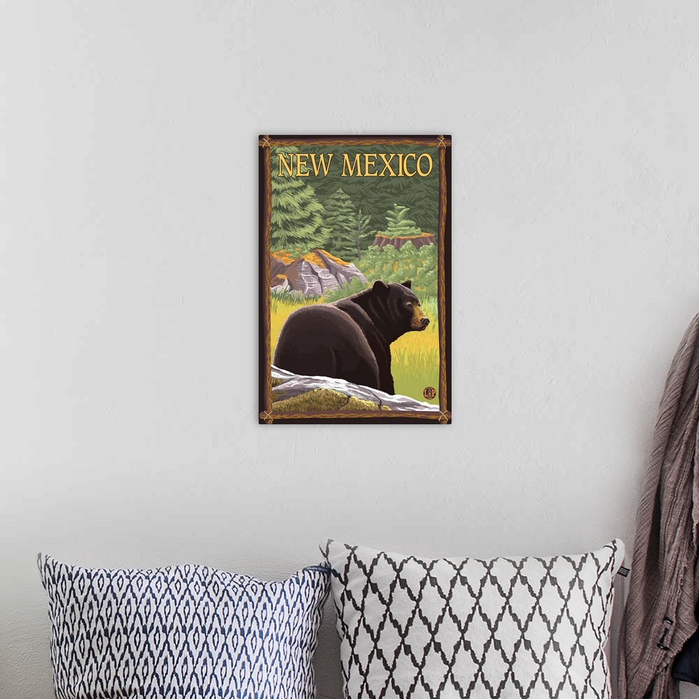 A bohemian room featuring Black Bear in Forest - New Mexico: Retro Travel Poster