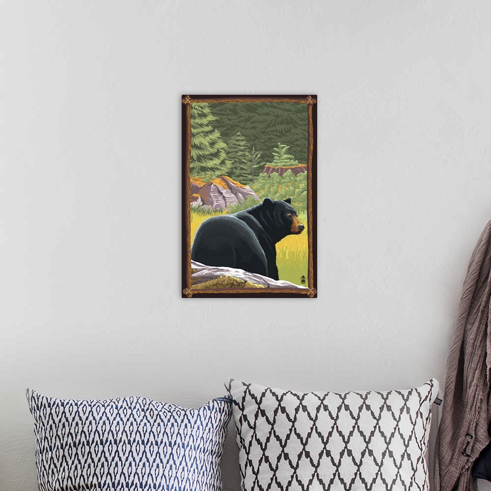 A bohemian room featuring Black Bear in Forest: Retro Travel Poster