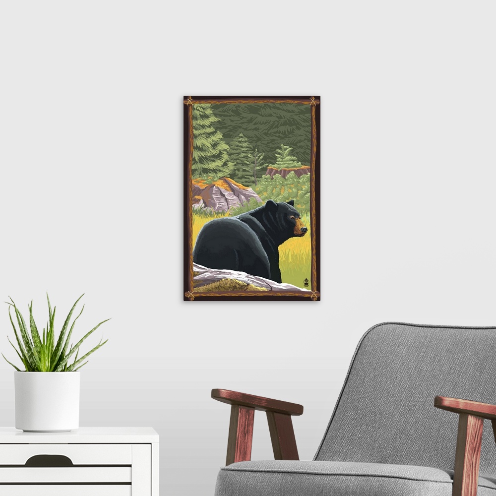 A modern room featuring Black Bear in Forest: Retro Travel Poster