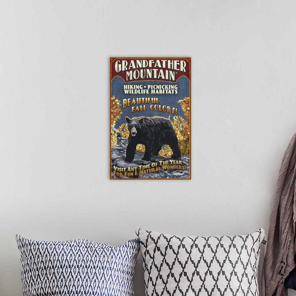A bohemian room featuring Black Bear Vintage Sign - Grandfather Mountain, Tennessee: Retro Travel Poster