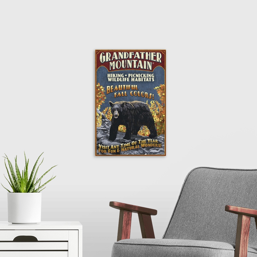 A modern room featuring Black Bear Vintage Sign - Grandfather Mountain, Tennessee: Retro Travel Poster