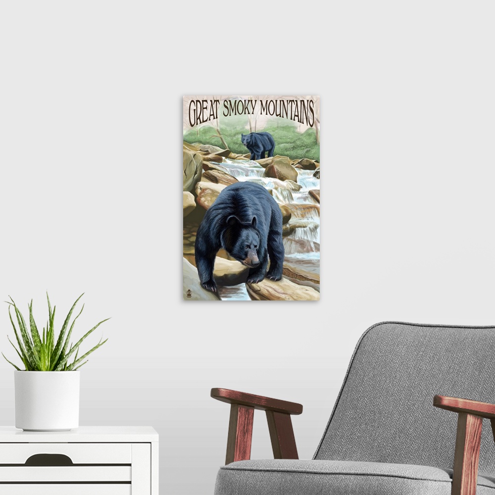 A modern room featuring Retro stylized art poster of two black bears climbing over rocks in a stream in the forest.