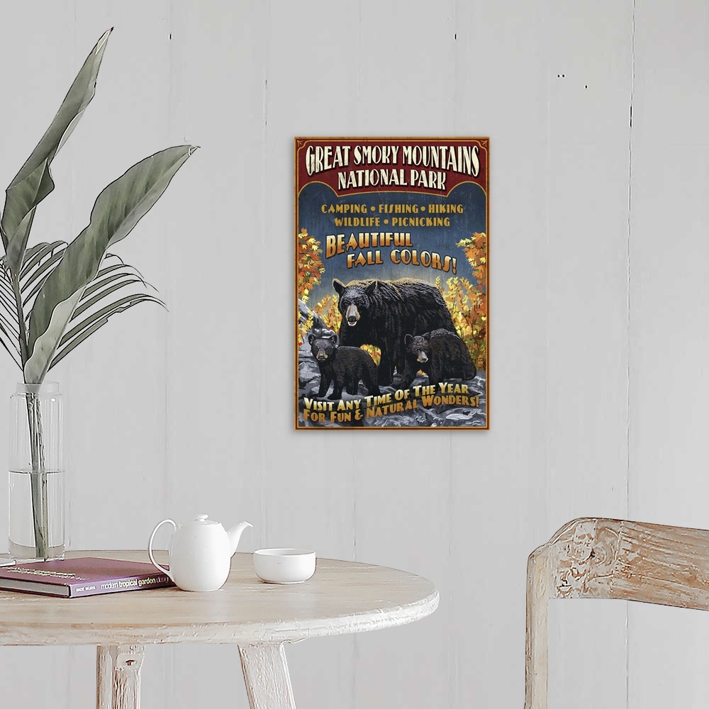 A farmhouse room featuring Black Bears Vintage Sign - Great Smoky Mountain National Park, TN: Retro Travel Poster