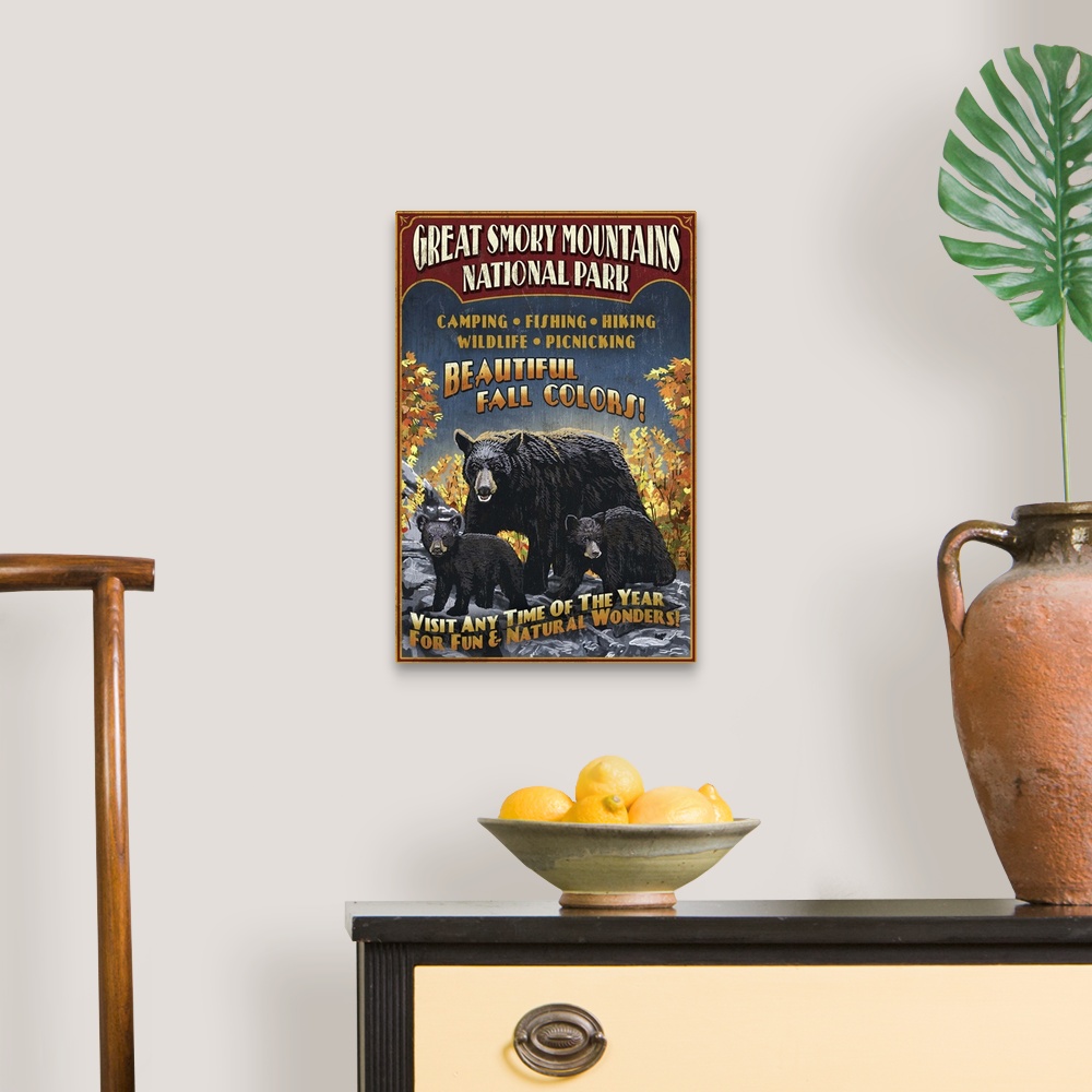 A traditional room featuring Black Bears Vintage Sign - Great Smoky Mountain National Park, TN: Retro Travel Poster