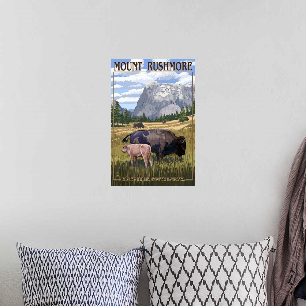 A bohemian room featuring Retro stylized art poster of a mother bison and calf, grazing in a field, beneath mount Rushmore.