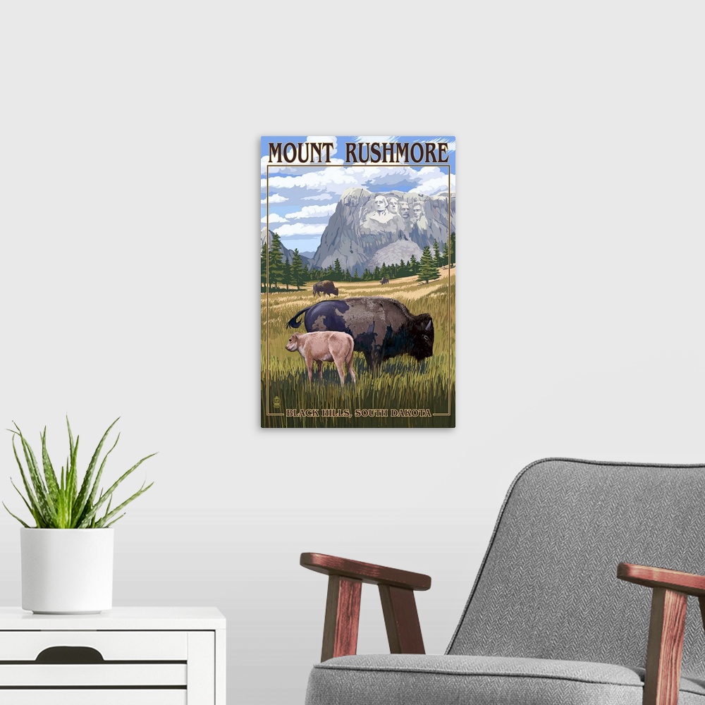 A modern room featuring Retro stylized art poster of a mother bison and calf, grazing in a field, beneath mount Rushmore.