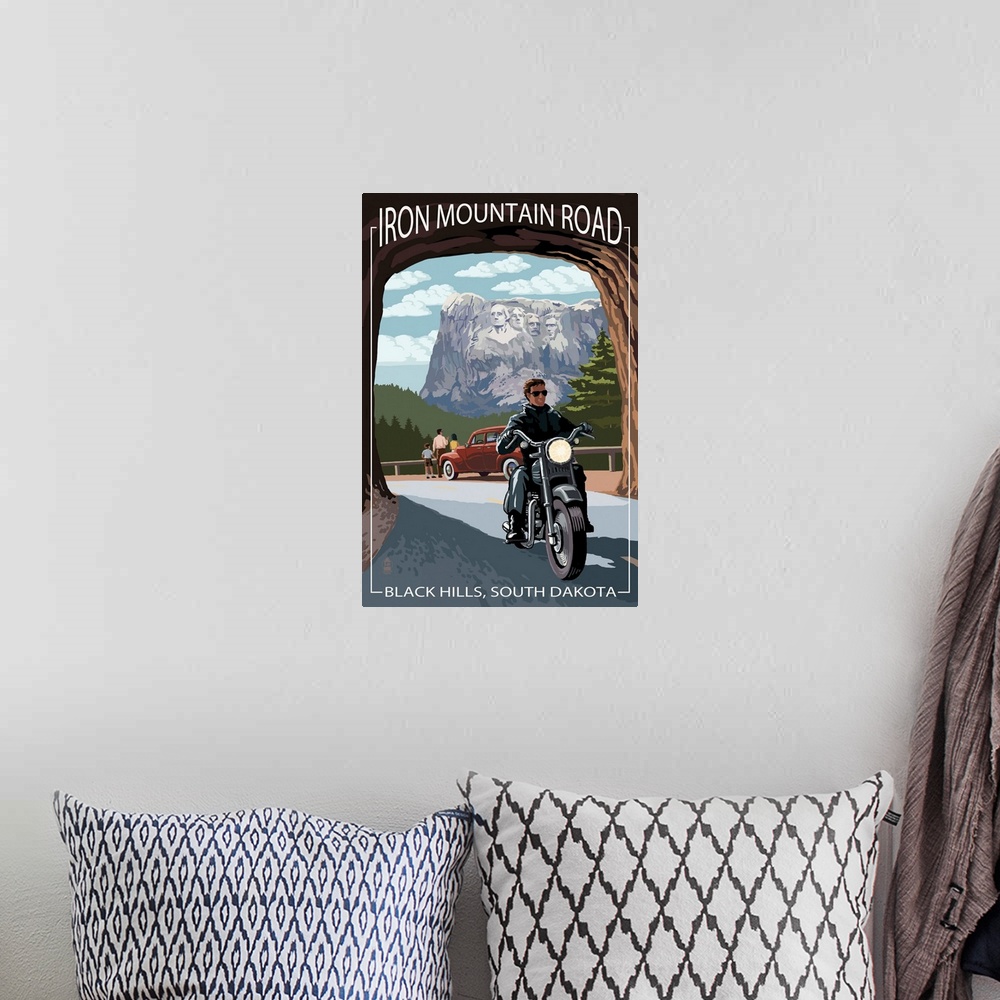 A bohemian room featuring Black Hills, South Dakota - Iron Mountain Road Biker Scene: Retro Travel Poster