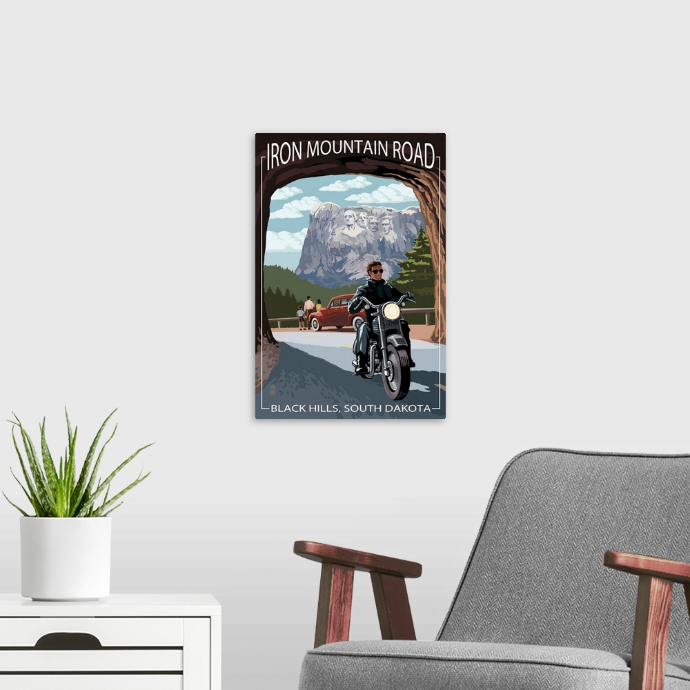 A modern room featuring Black Hills, South Dakota - Iron Mountain Road Biker Scene: Retro Travel Poster